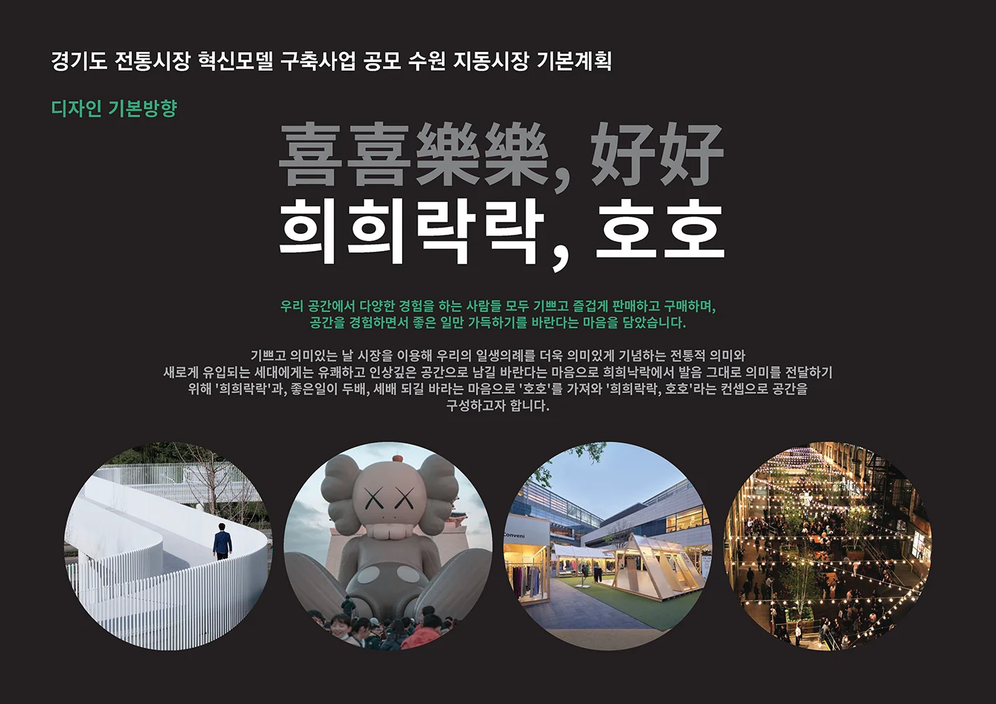 우리 공간에서 다양한 경험을 하는 사람들 모두 기쁘고 즐겁게 판매하고 구매하며, 공간을 경험하면서 좋은 일만 가득하기를 바란다는 마음을 담았습니다. 기쁘고 의미있는 날 시장을 이용해 우리의 일생의례를 더욱 의미있게 기념하는 전통적 의미와 새로게 유입되는 세대에게는 유쾌하고 인상깊은 공간으로 남길 바란다는 마음으로 희희낙락에서 발음 그대로 의미를 전달하기 위해 '희희락락'과, 좋은일이 두배, 세배 되길 바라는 마음으로 '호호'를 가져와 '희희락락, 호호'라는 컨셉으로 공간을 구성하고자 합니다.