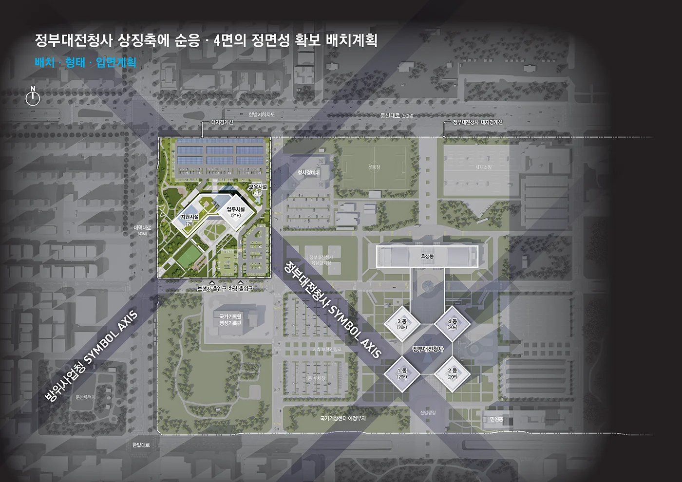 정부대전청사 상징축에 순응·4면의 정면성 확보 배치계획