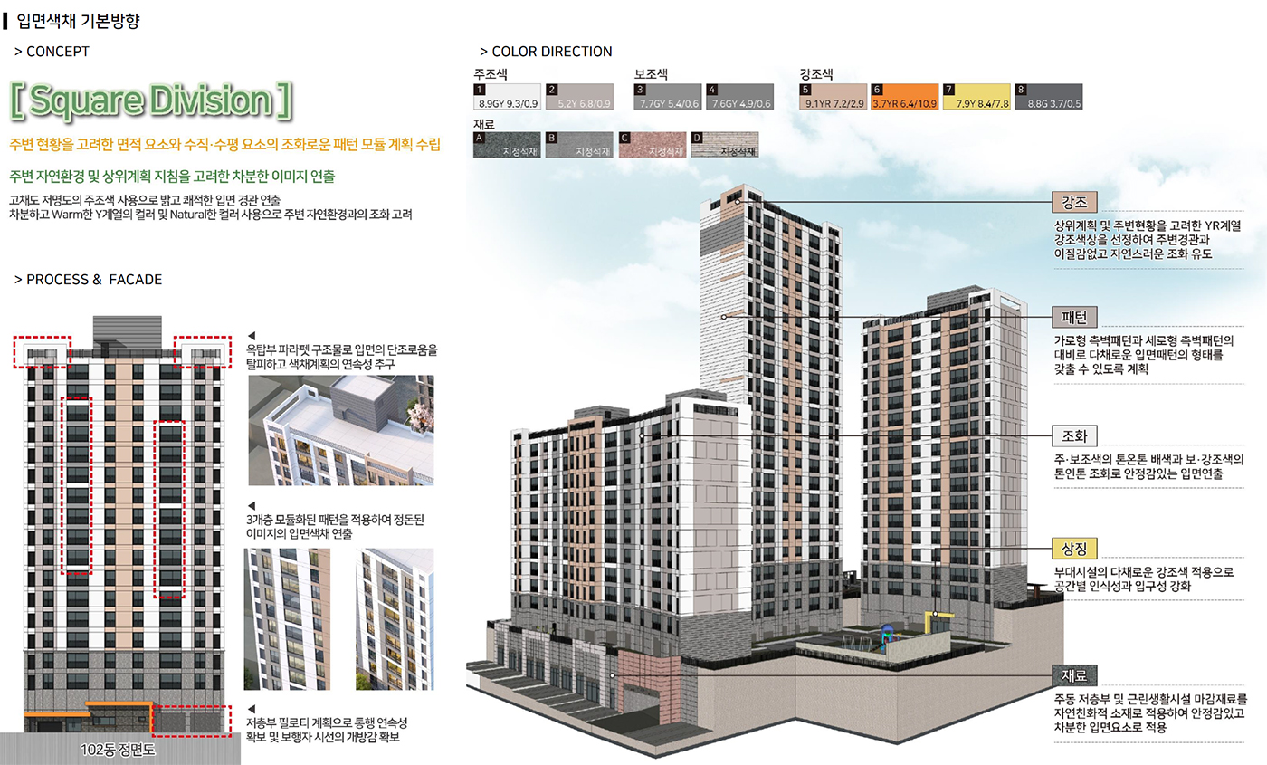이천 청자아파트 Square Division 입면 디자인과 주조색·보조색·강조색 계획